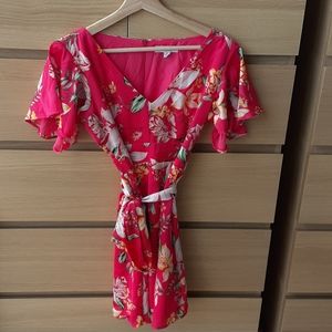 BB Dakota Trending Tropic Fit and Flare Flutter Sleeve Mini Dress Hot Pink 0